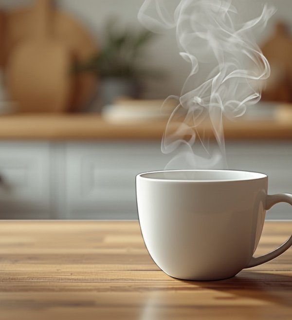 A cup of coffee with steam rising, on a wooden table in a bright, softly lit kitchen